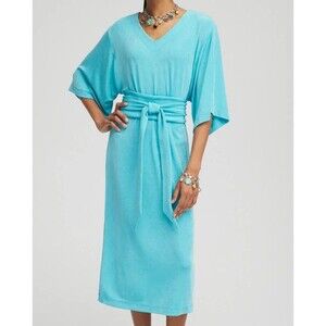 Chicos Travelers Kimono Sleeved VNeck Dress Acetate Spandex Turquoise Blue Large